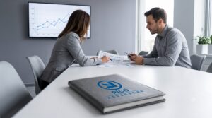Asesor fiscal de Picó Assessors con una clienta revisando documentación